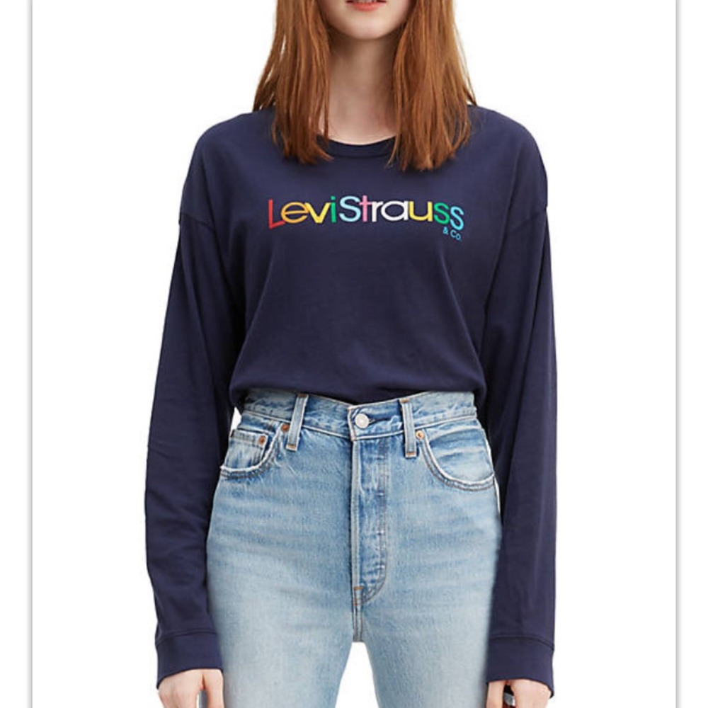 Levi Strauss & Co. Colorful Rainbow Logo Navy Blue Long Sleeve Tee Shirt‎